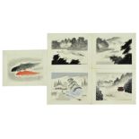 GROUP OF FIVE JAPANESE LANDSCAPE AND KOI PAINTINGS ON SILK