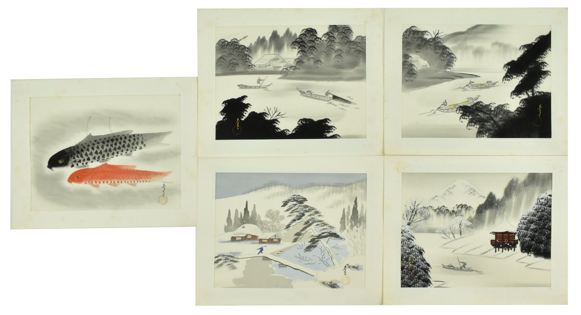 GROUP OF FIVE JAPANESE LANDSCAPE AND KOI PAINTINGS ON SILK