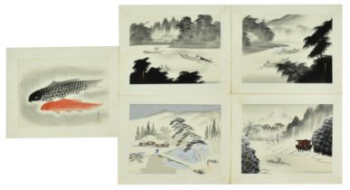 GROUP OF FIVE JAPANESE LANDSCAPE AND KOI PAINTINGS ON SILK