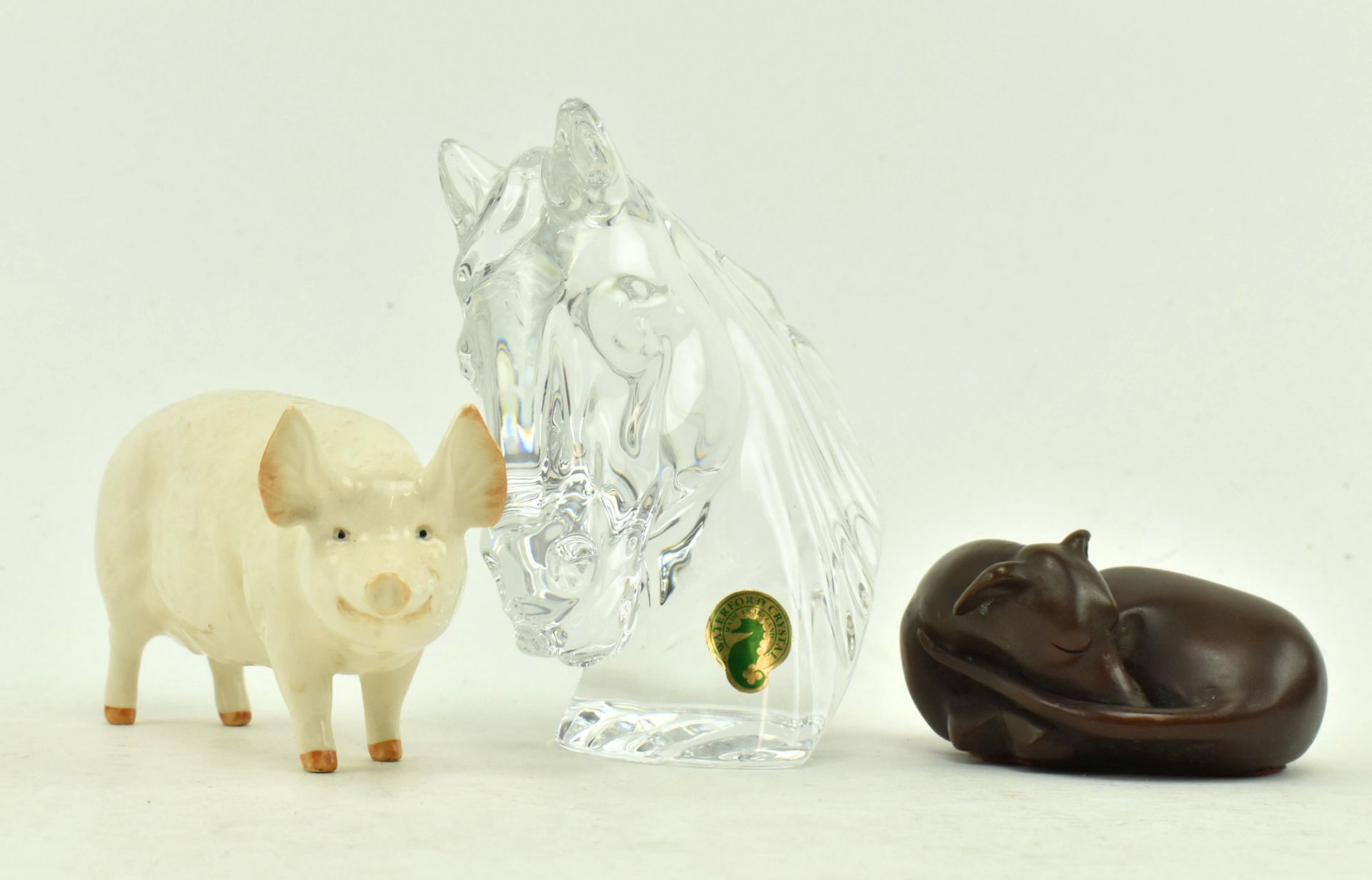 WATERFORD CRYSTAL GLASS HORSE, BESWICK WALLQUEEN & 1 OTHER
