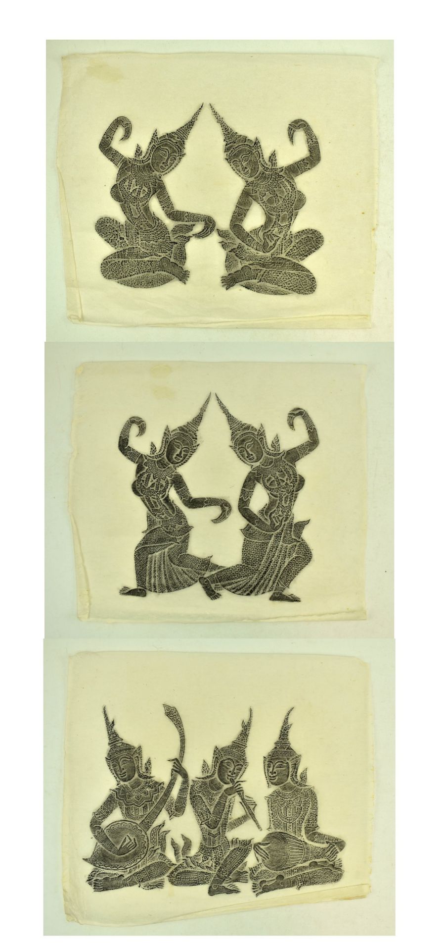 GROUP OF THREE THAI CHARCOAL RUBBING OF DANCERS & MUSICIANS