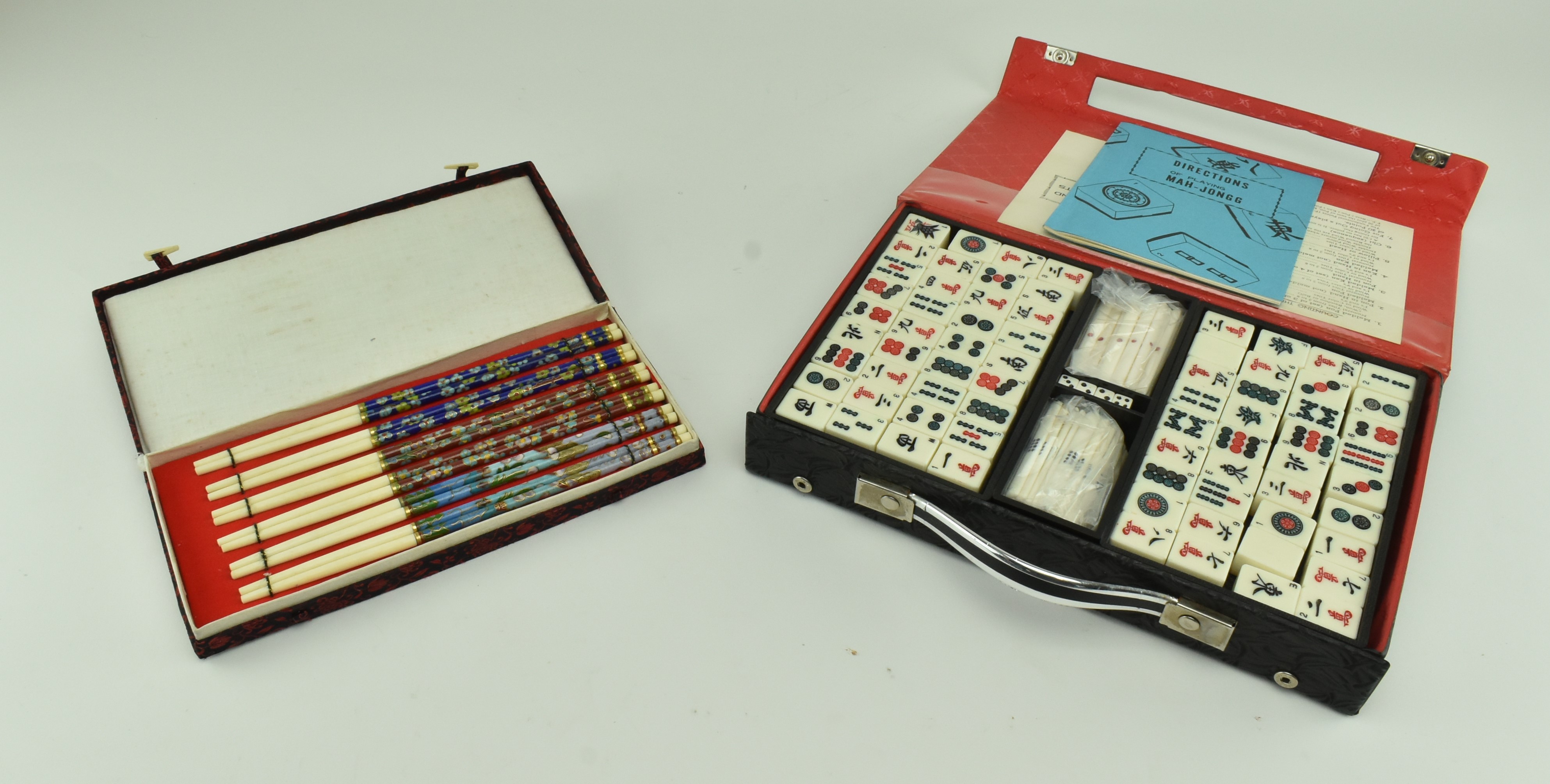 CASED MAHJONG SET AND TWELVE CASED CLOISONNE CHOPSTICKS