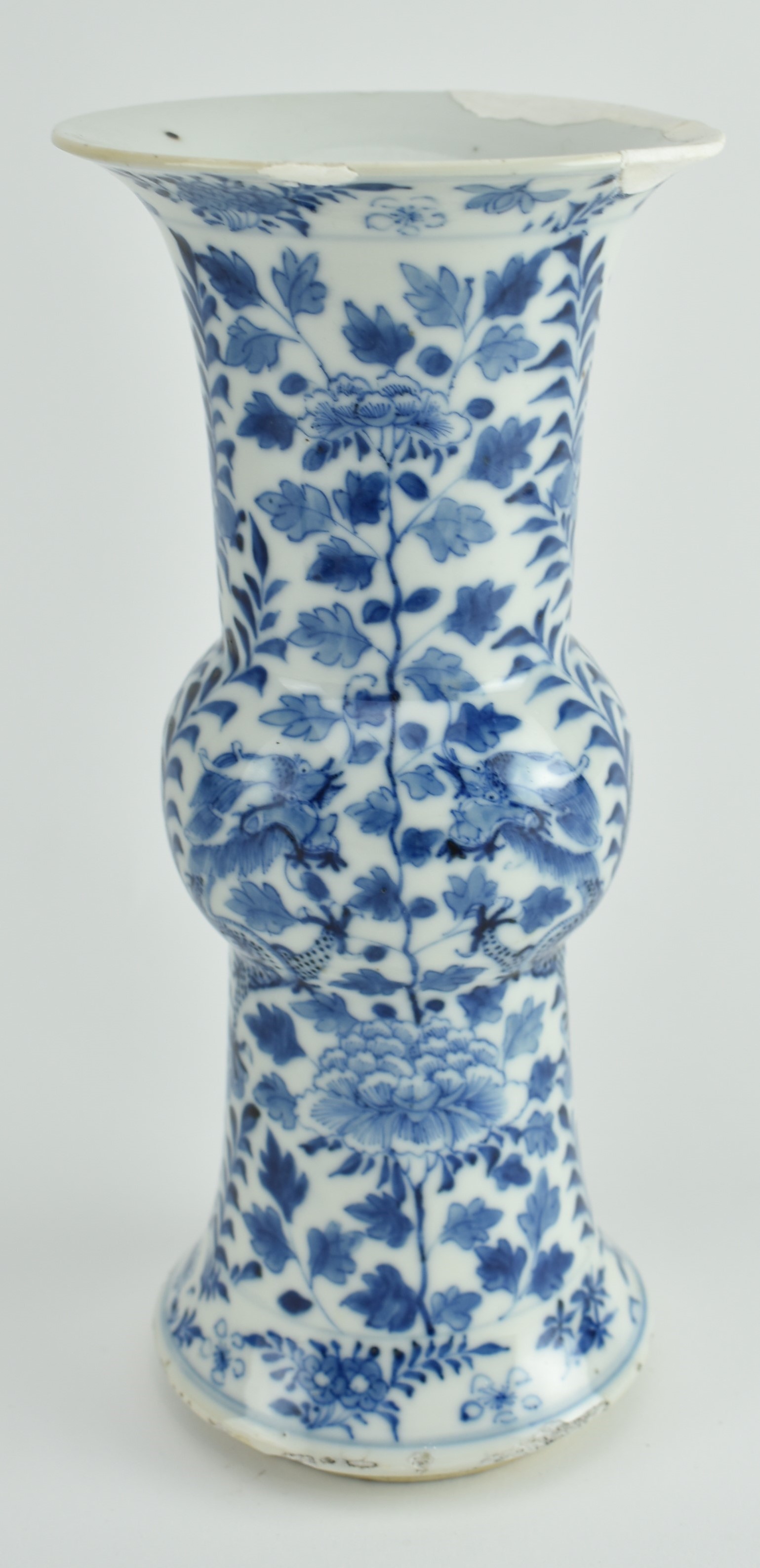 EARLY 20TH CENTURY BLUE AND WHITE DOUBLE DRAGONS GU VASE