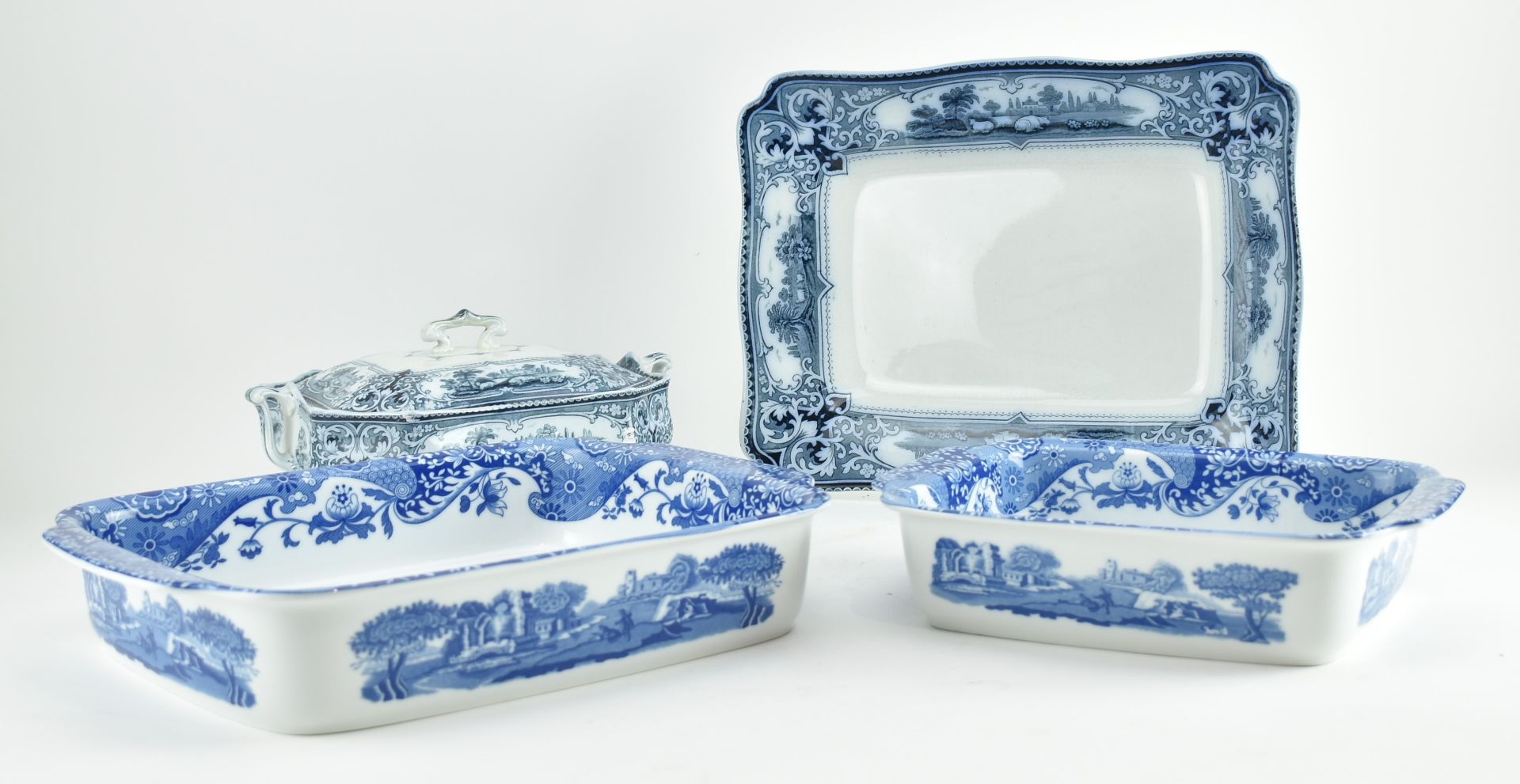 SPODE & BURSLEM - BLUE AND WHITE BAKING DISHES & TUREEN