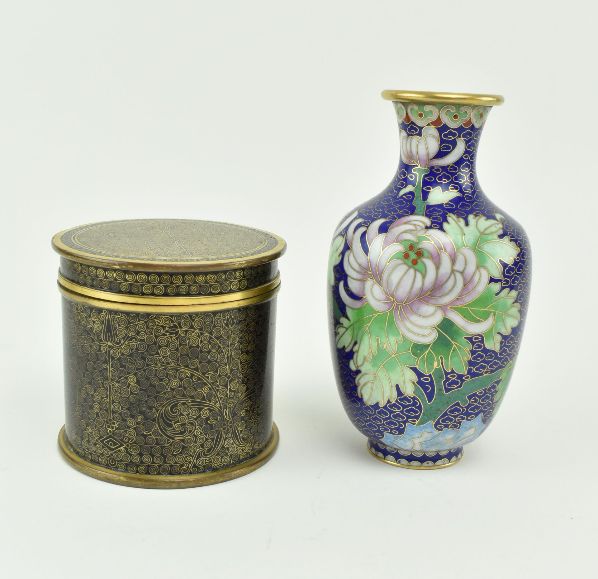 GROUP OF SEVEN CHINESE CLOISONNE VASES, JAR, CADDY AND BOXES - Image 2 of 8