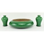 THREE 20TH CENTURY GREEN CRACKLED BRUSH WASHER AND VASES