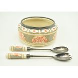 VICTORIAN STONEWARE & SILVER PLATED SALAD BOWL AND SERVERS