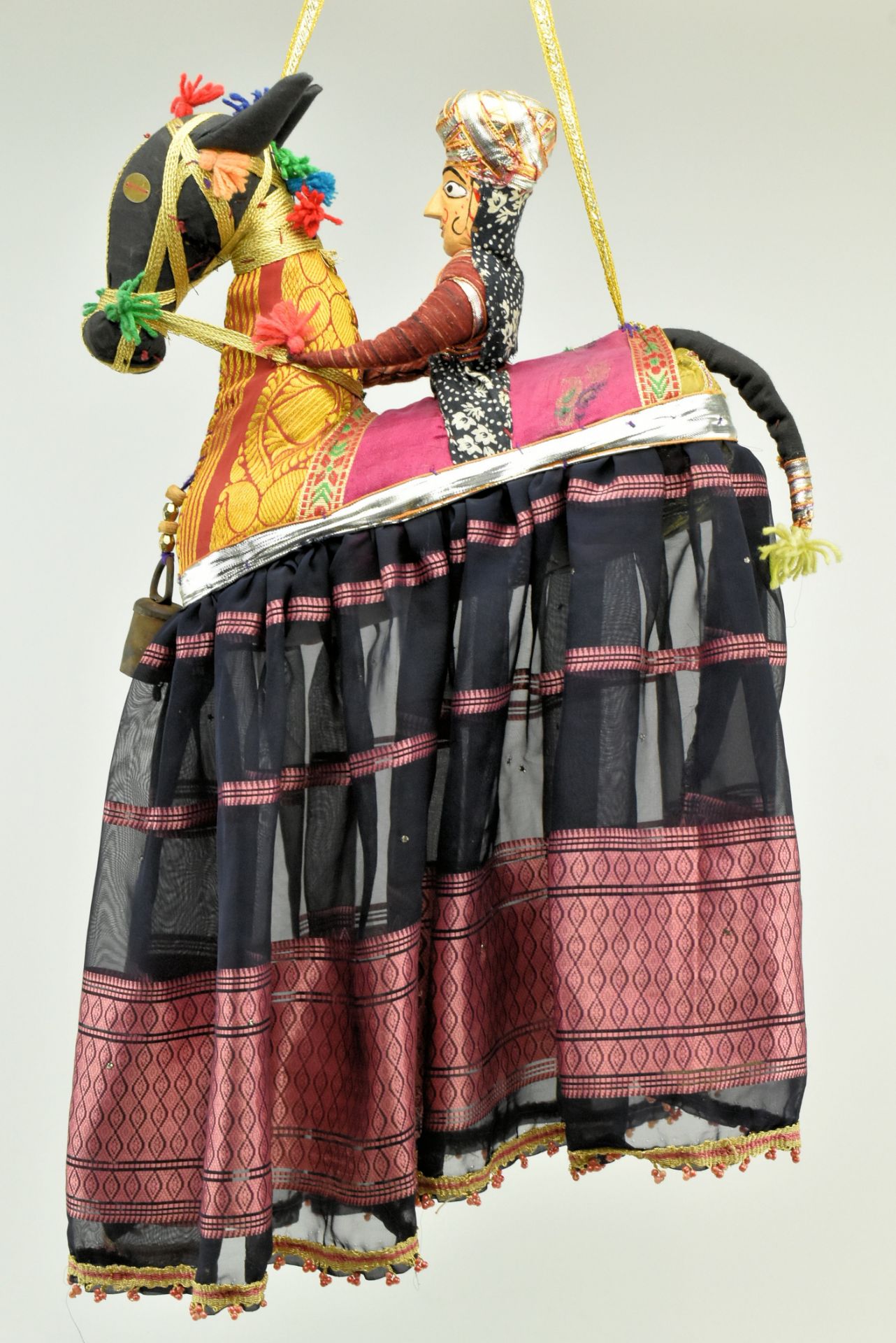 VINTAGE INDIAN KATHPUTLI MOBILE CLOTH HORSE RIDING DOLL