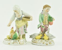 PAIR OF DRESDEN FIGURINES OF BOY & GIRL FEEDING CHICKENS