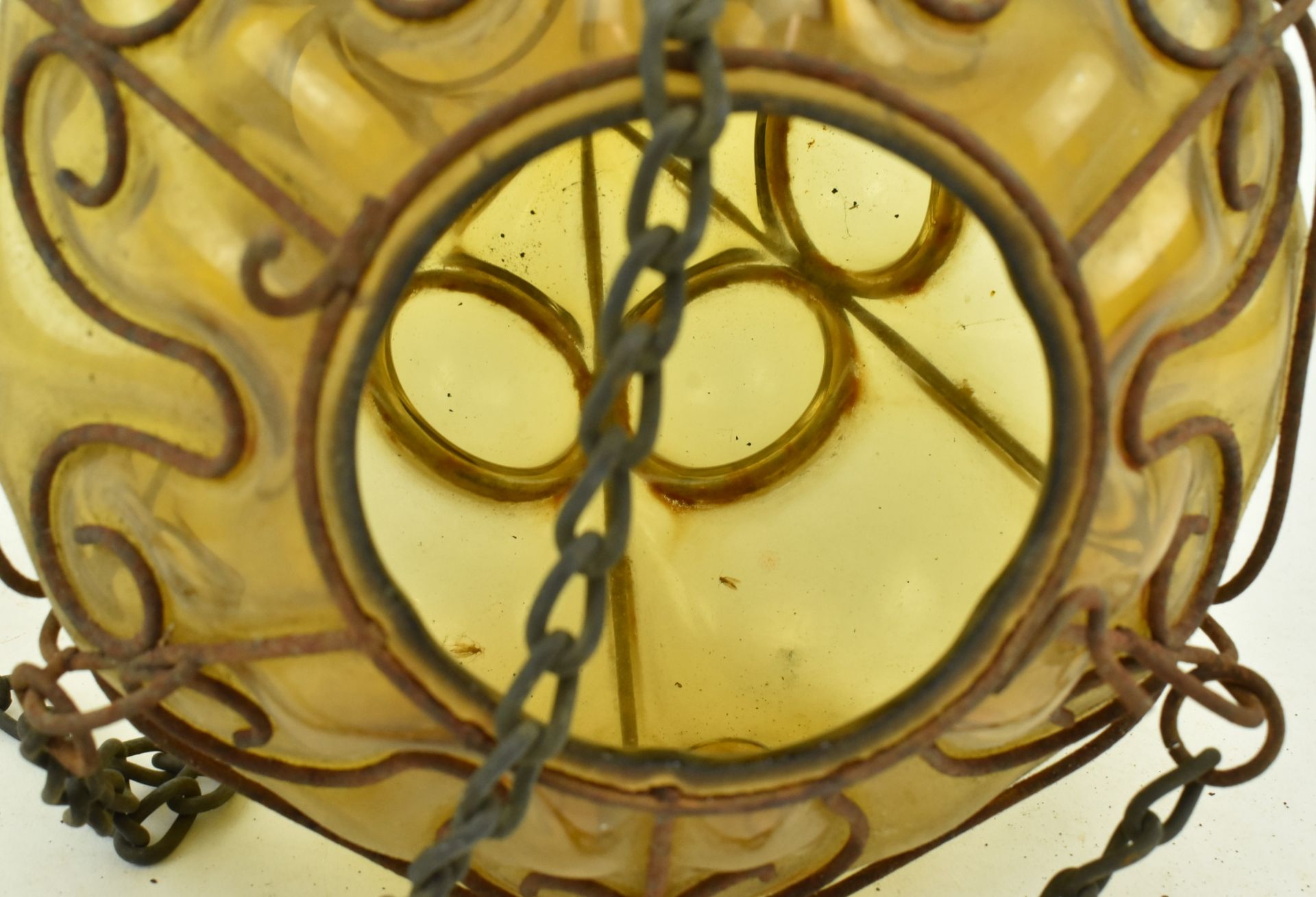 VENETIAN STYLE WROUGHT IRON & AMBER GLASS HANGING SHADE - Image 8 of 8