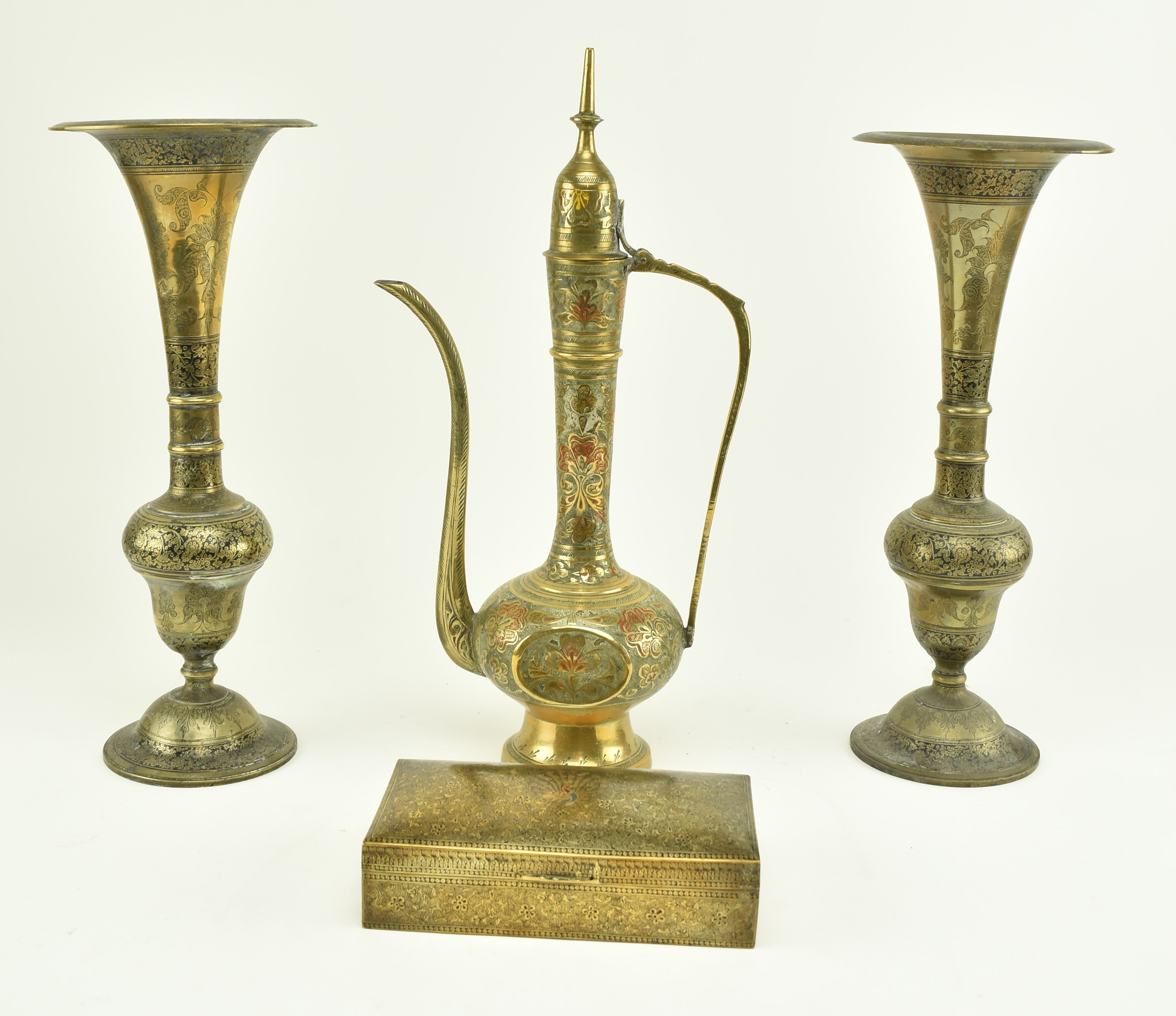 FOUR INDIAN EARLY 20TH CENTURY EMBOSSED BRASS ITEMS