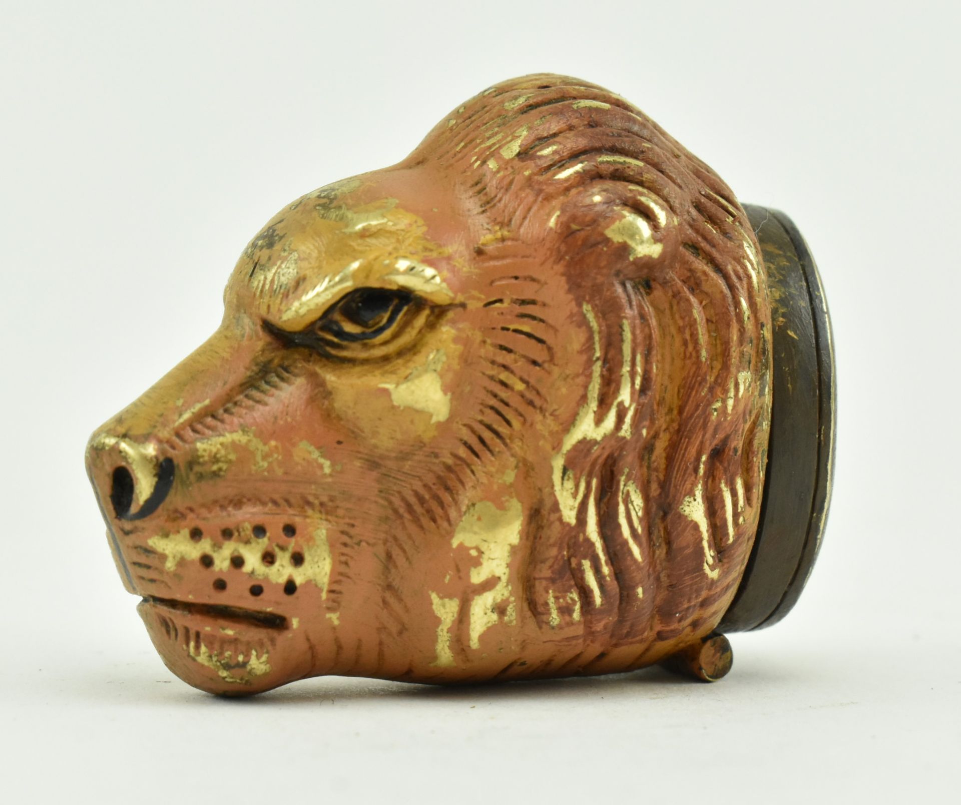 VICTORIAN COLD PAINTED BRASS LION'S HEAD SNUFF BOX