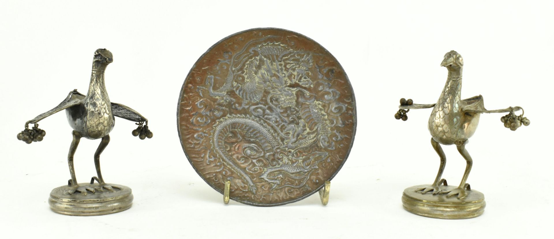 PAIR OF JAPANESE BRONZE HERONS AND A BRONZE DRAGON PLATE