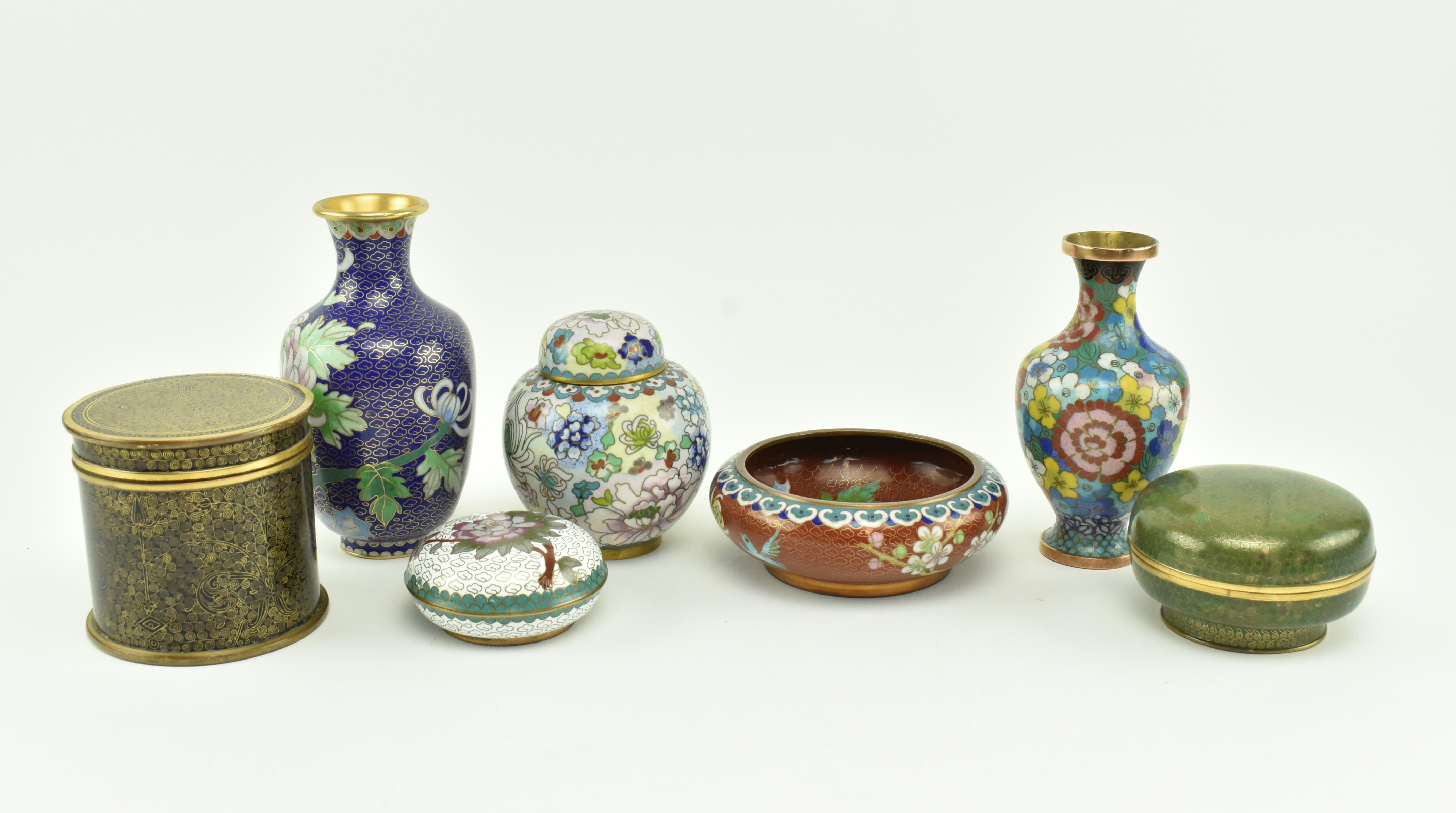GROUP OF SEVEN CHINESE CLOISONNE VASES, JAR, CADDY AND BOXES