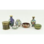 GROUP OF SEVEN CHINESE CLOISONNE VASES, JAR, CADDY AND BOXES