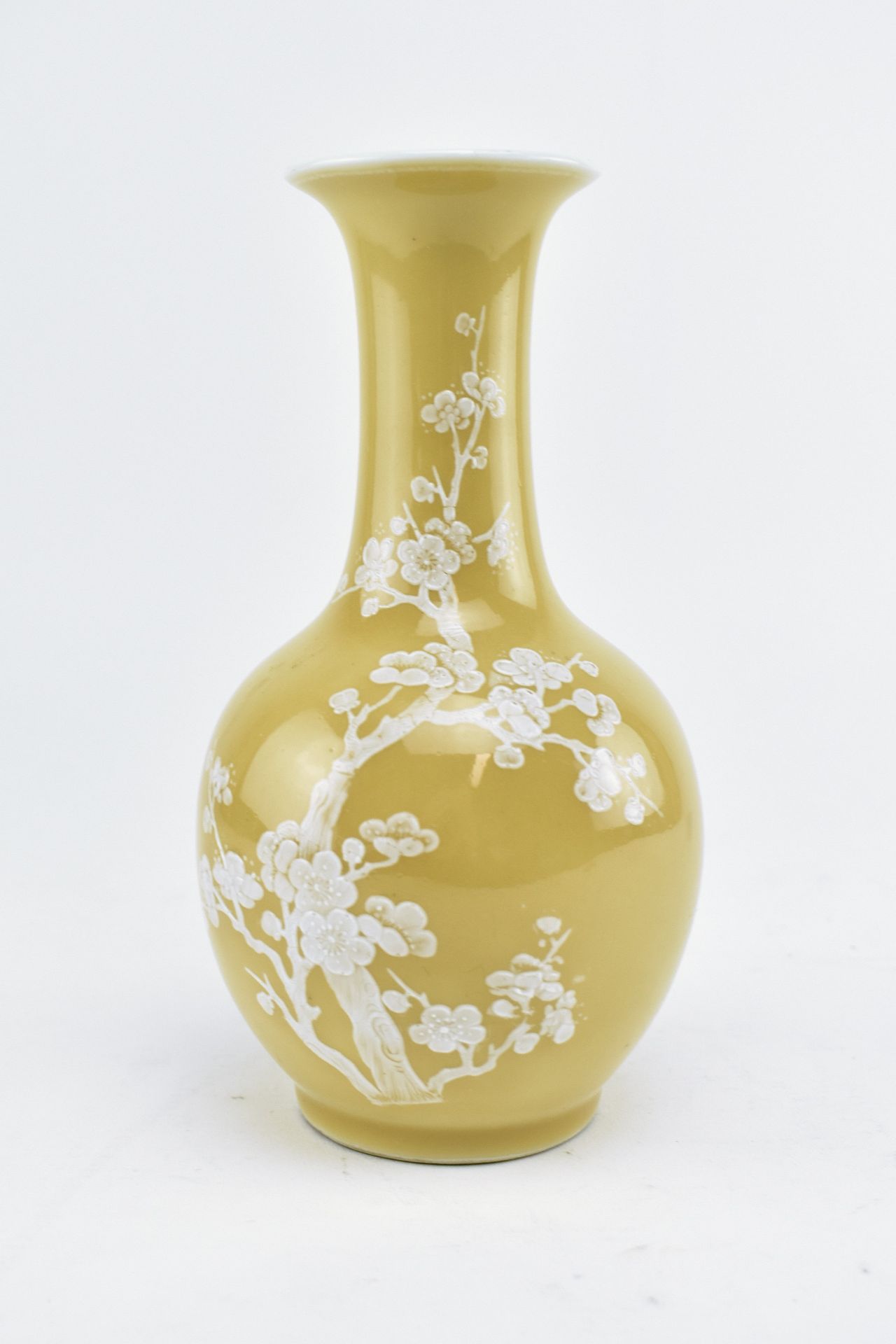 20TH CHINESE CERAMIC YELLOW GROUND PRUNUS RELIEF VASE