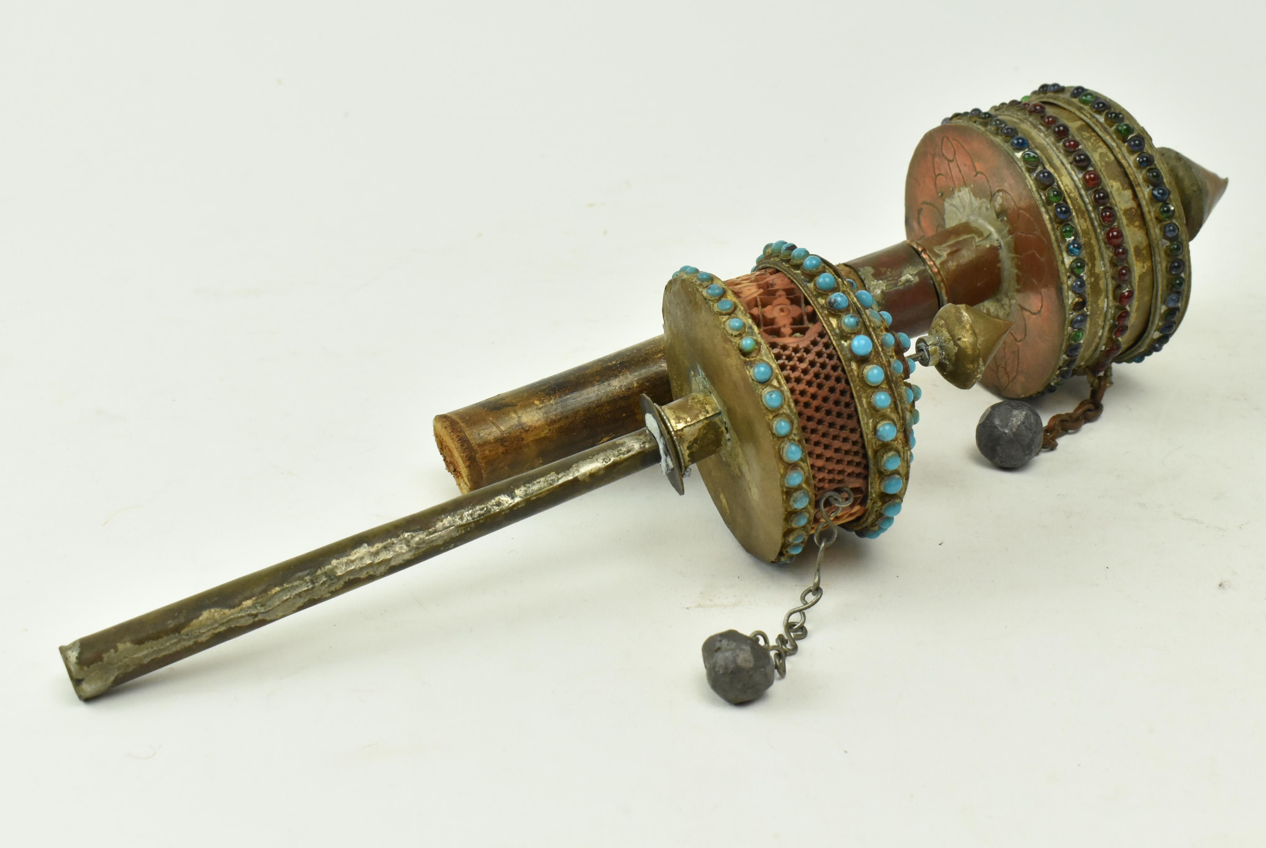 TWO TIBETAN LATE 19TH CENTURY BRASS & WOOD PRAYER WHEELS