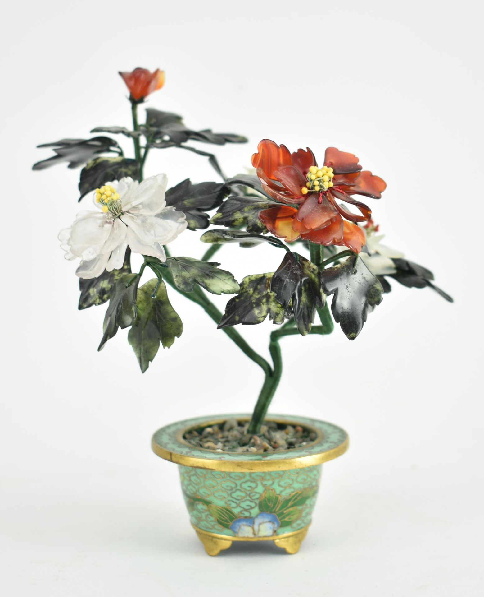PAIR OF CHINESE JADE & AGATE PEONY TREE DISPLAY CENTREPIECES - Image 5 of 9