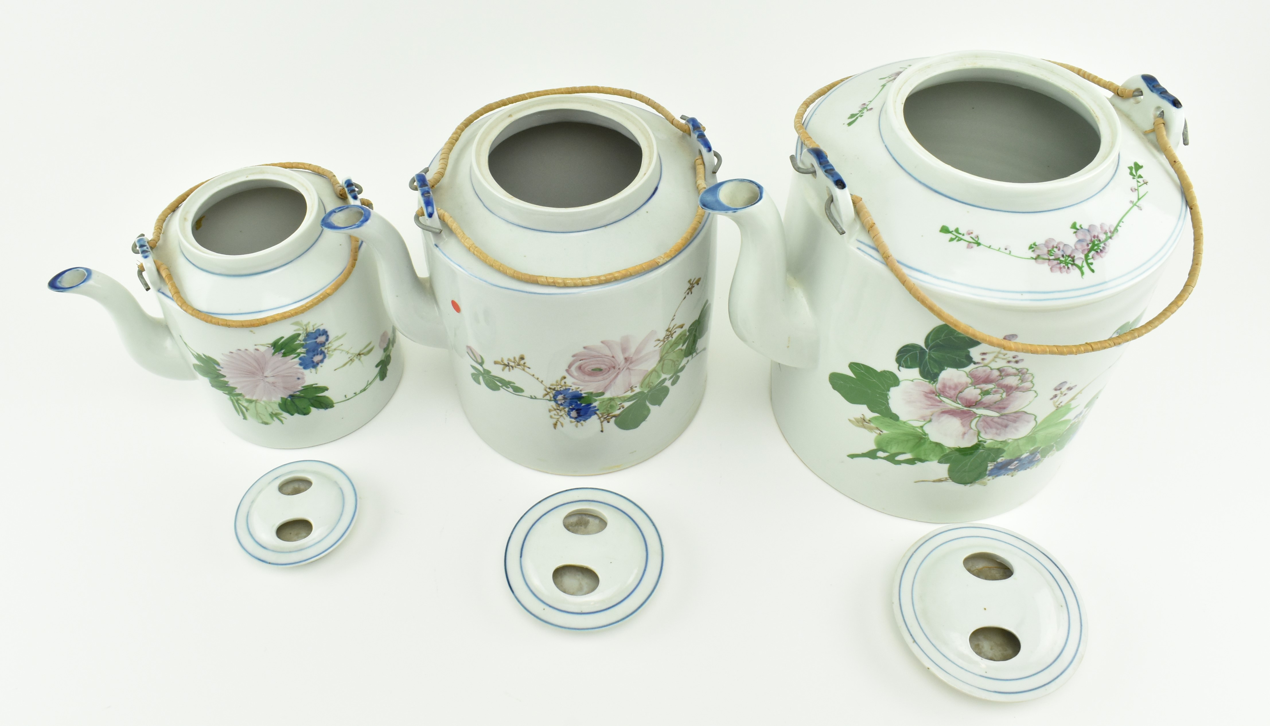 THREE 20TH CENTURY GRADUATING CERAMIC TWIN HANDLE TEAPOTS - Image 2 of 12