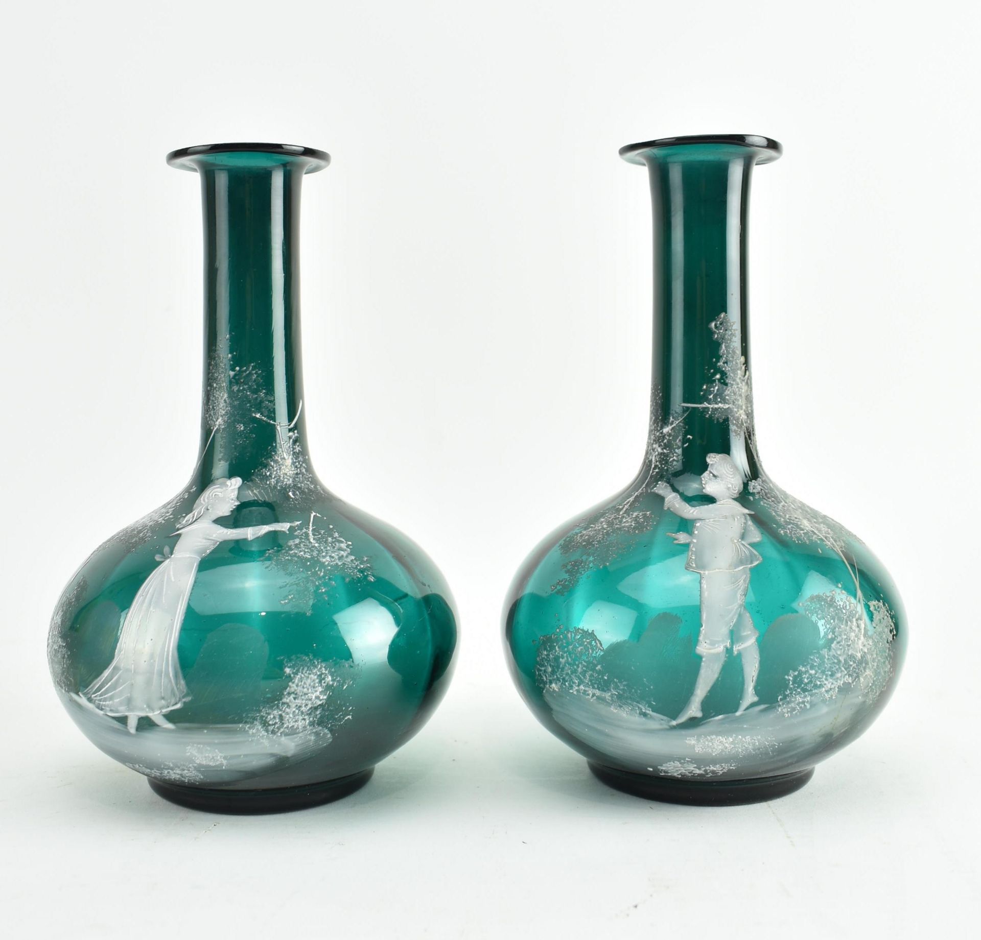 PAIR OF VICTORIAN MARY GREGORY GREEN FLUTED GLASS VASES