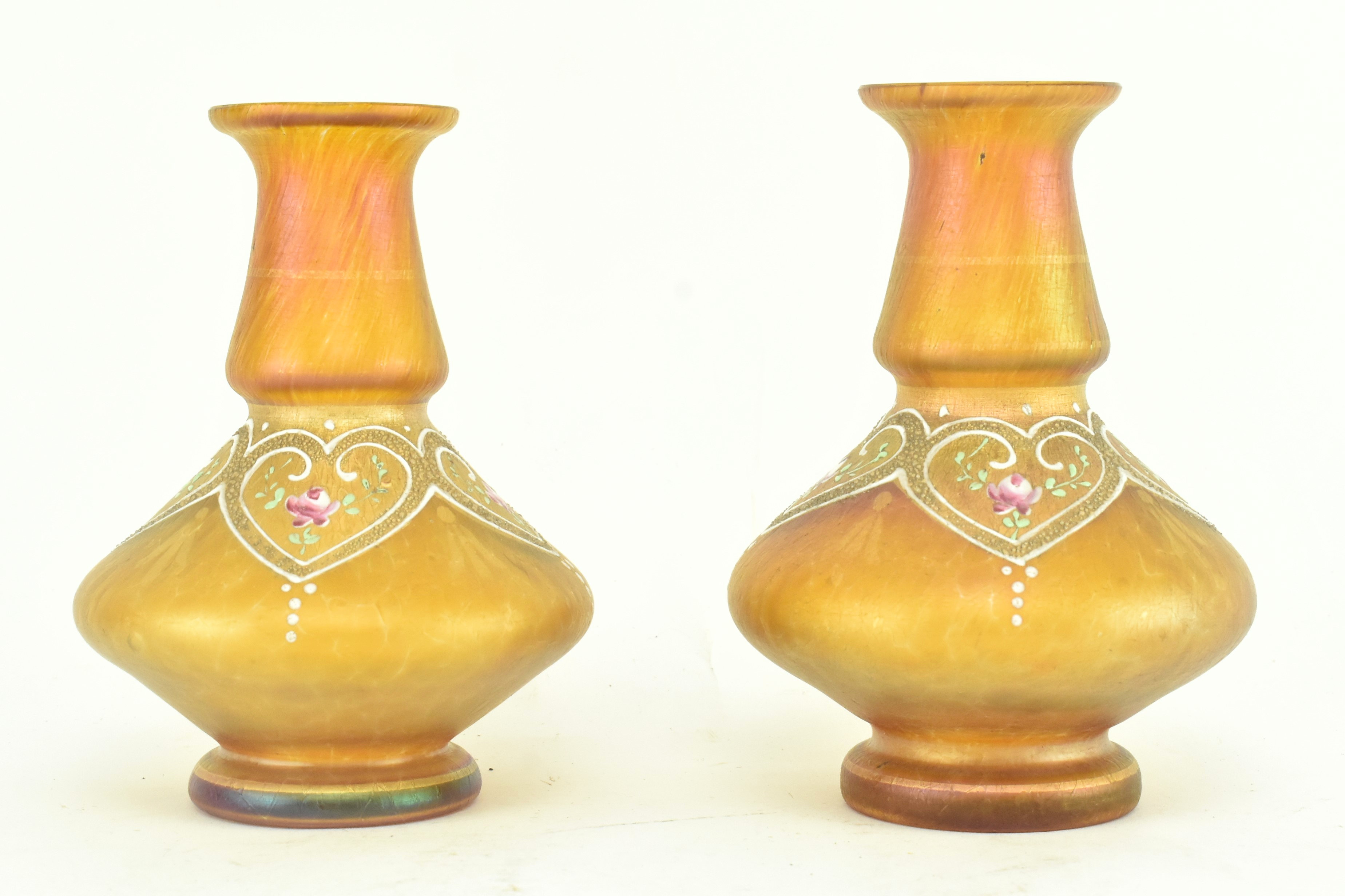 PAIR OF ART NOUVEAU BOHEMIAN LOETZ STYLE ORANGE VASES