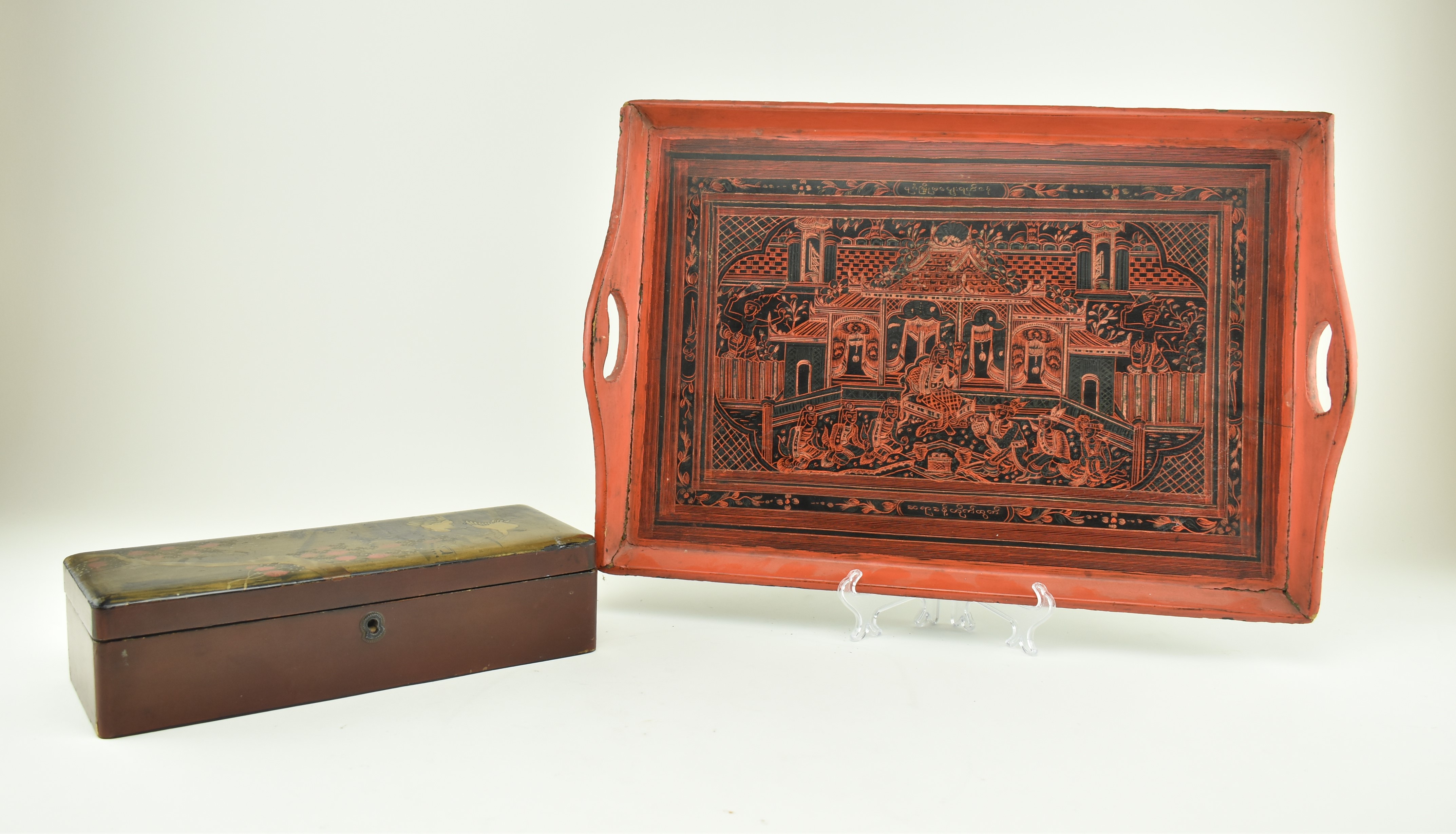 BURMESE RED LACQUERED TRAY & A LACQUER GILT LIDDED BOX