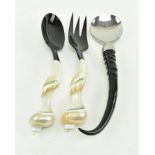 PAIR OF MOTHER OF PEARL CONCH HANDLED SALAD SPOONS & 1 OTHER