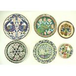 THREE TURKISH MAJOLICA ENAMELLED CHARGERS & 3 OTHERS