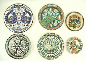 THREE TURKISH MAJOLICA ENAMELLED CHARGERS & 3 OTHERS
