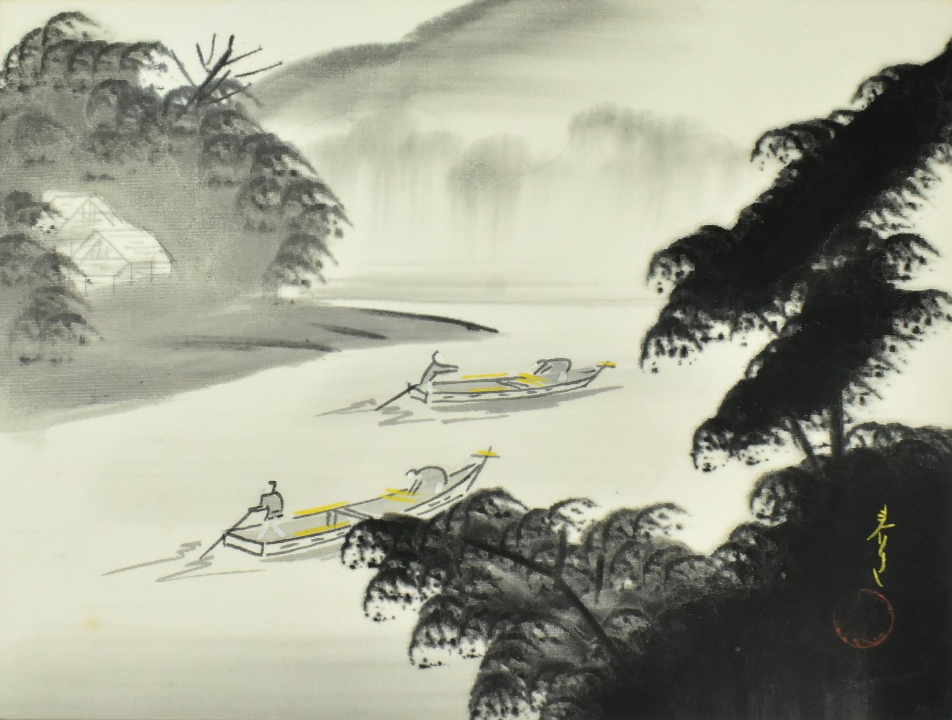 GROUP OF FIVE JAPANESE LANDSCAPE AND KOI PAINTINGS ON SILK - Image 5 of 9