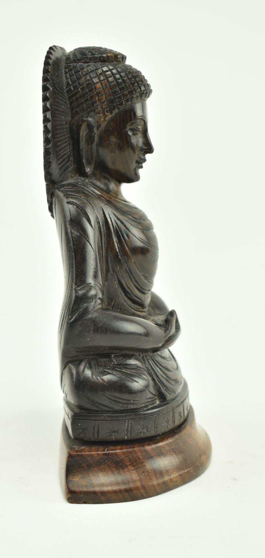 WOODEN CARVED FIGURINE OF A SEATED BUDDHA ON A PLINTH - Image 3 of 6