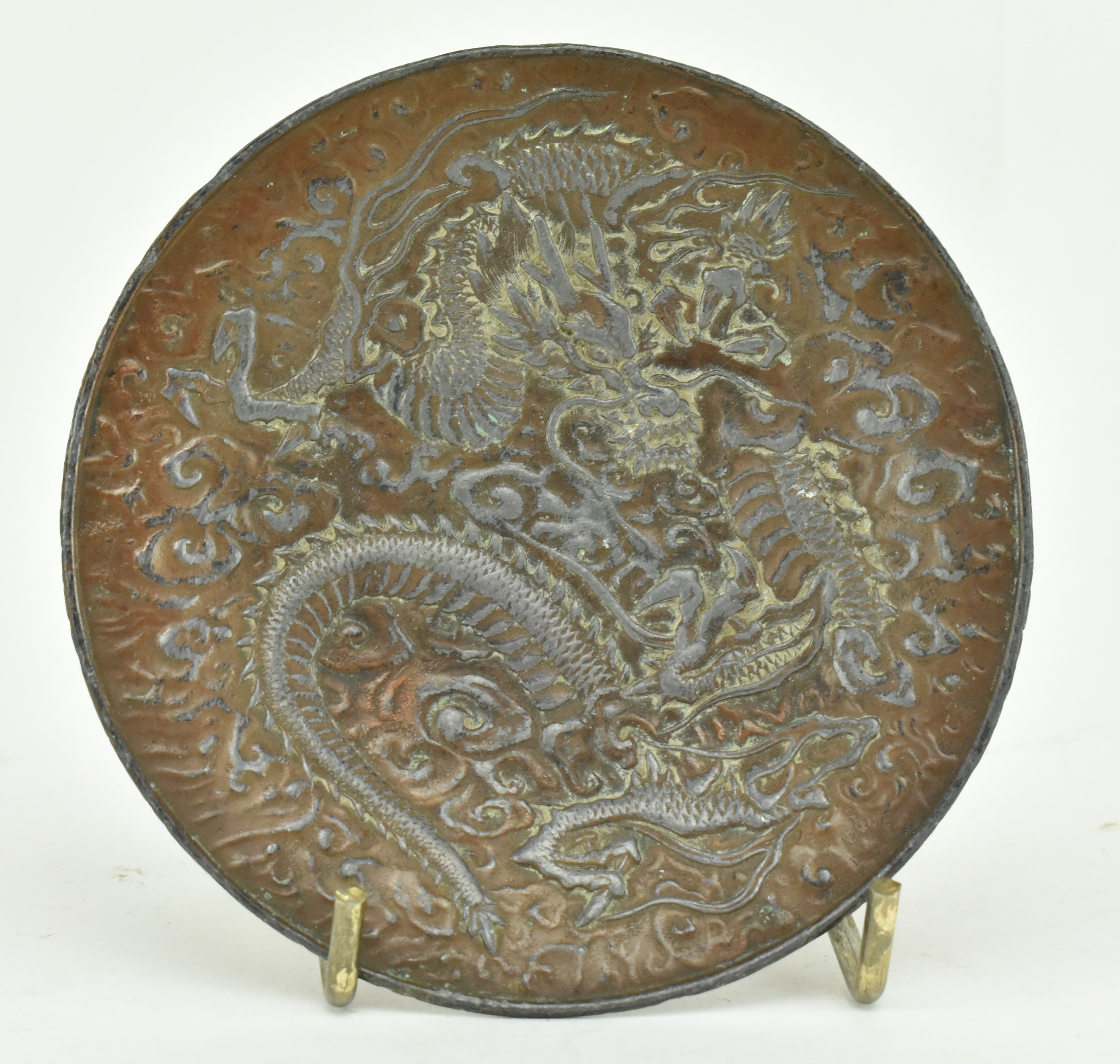 PAIR OF JAPANESE BRONZE HERONS AND A BRONZE DRAGON PLATE - Image 2 of 6