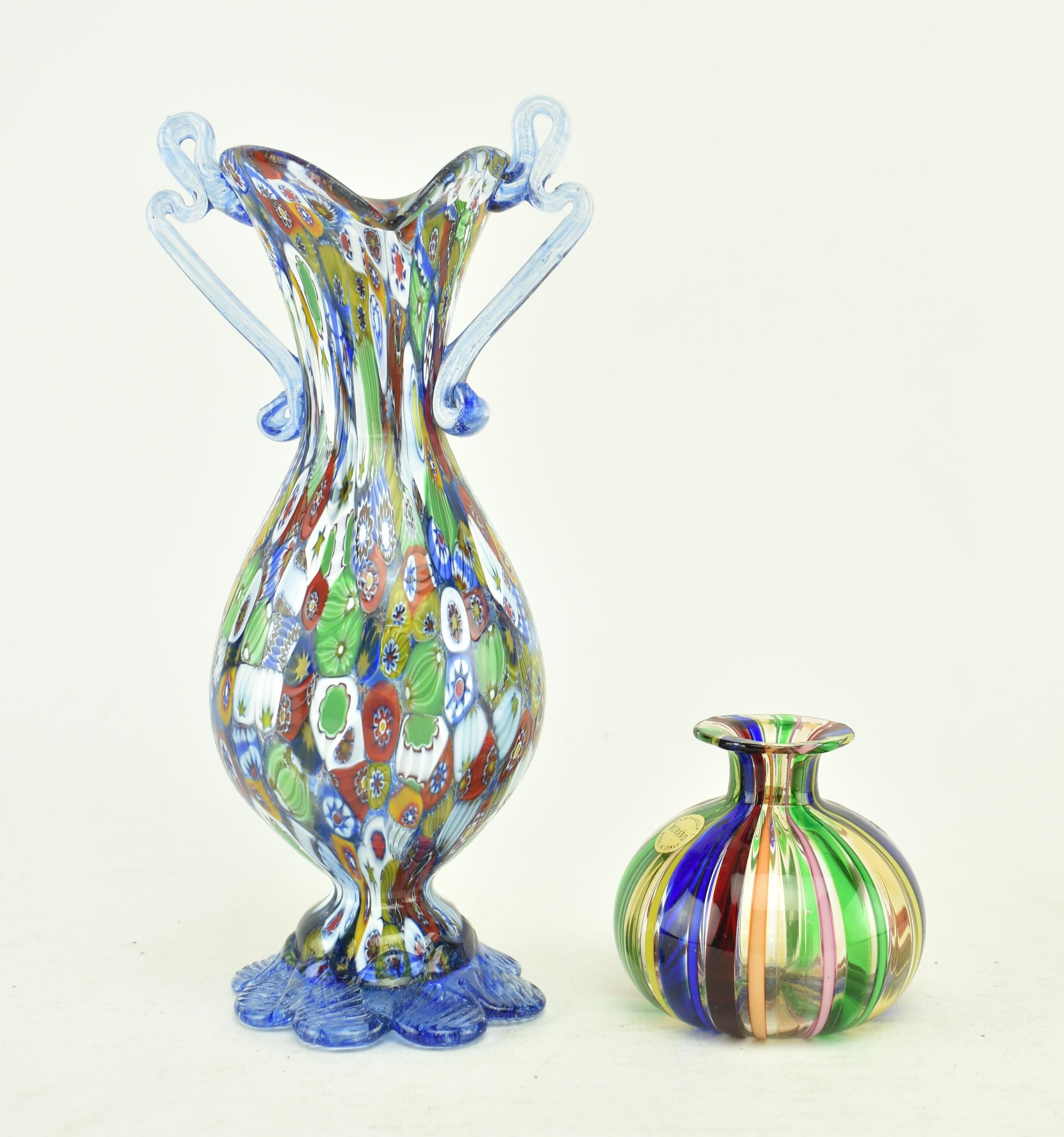 TWO MID CENTURY ITALIAN MULTI COLOURED GLASS VASES