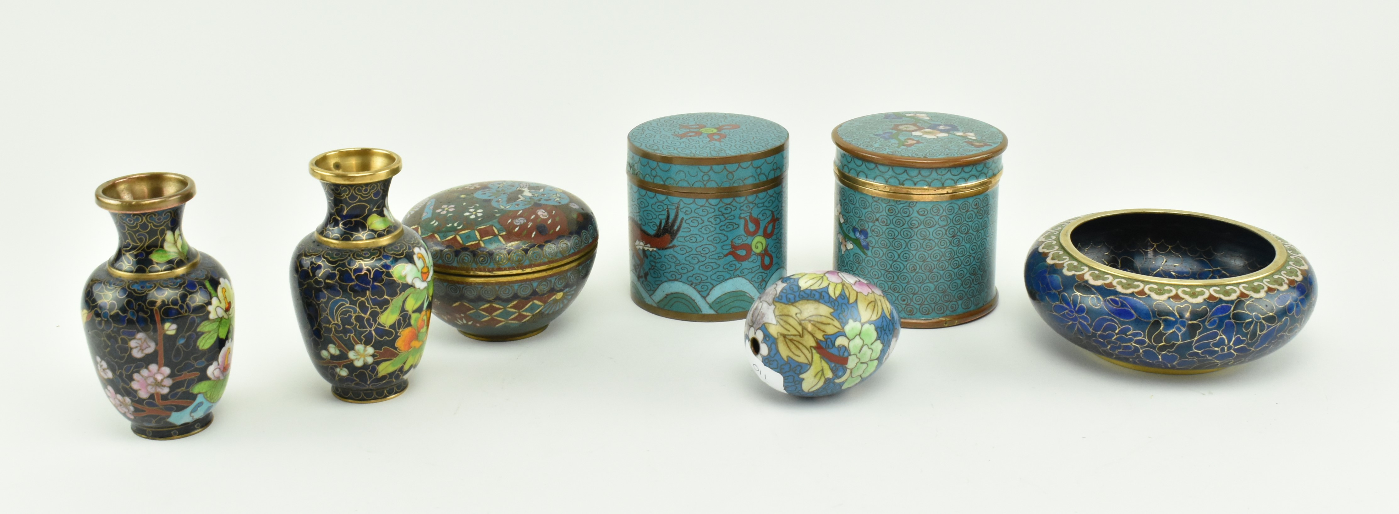 COLLECTION OF SEVEN CHINESE CLOISONNE CADDIES, VASES & OTHERS