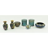 COLLECTION OF SEVEN CHINESE CLOISONNE CADDIES, VASES & OTHERS