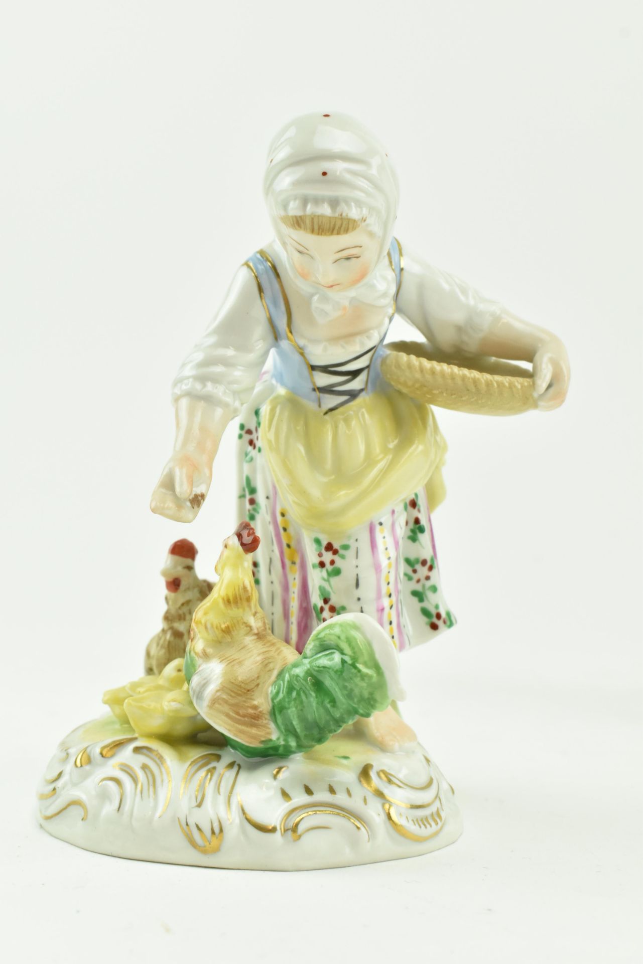 PAIR OF DRESDEN FIGURINES OF BOY & GIRL FEEDING CHICKENS - Image 3 of 8