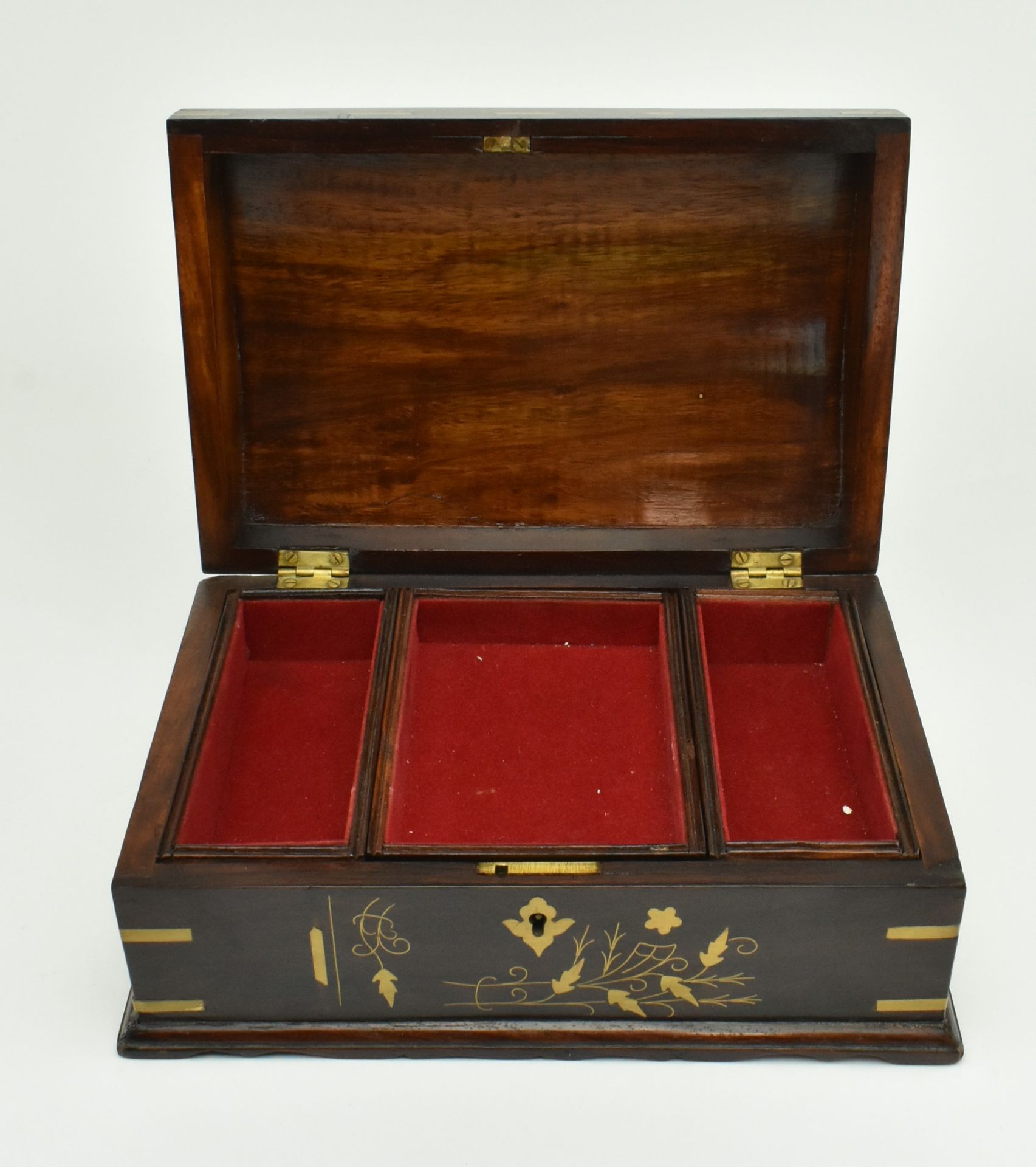 VINTAGE BRASS INLAID MAHOGANY JEWELLERY BOX WITH KEY - Image 3 of 8