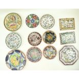 TWELVE VINTAGE CONTINENTAL CERAMIC MAJOLICA PLATES / TILES