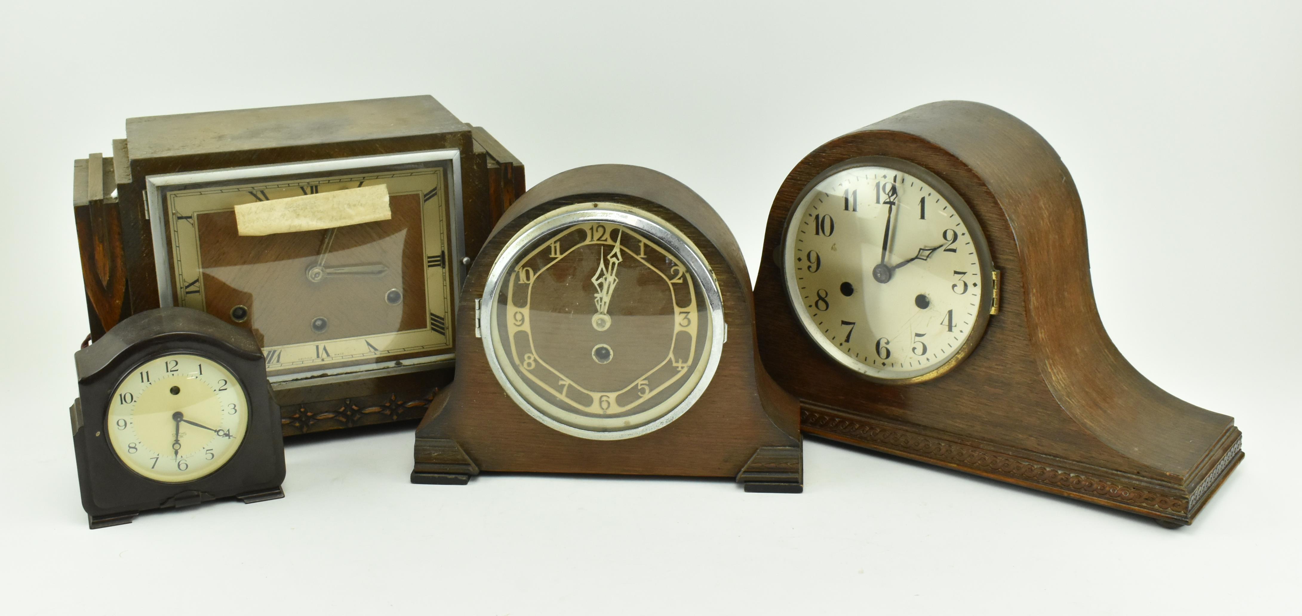 FOUR EARLY 20TH CENTURY OAK CASED MANTLEPIECE CLOCKS