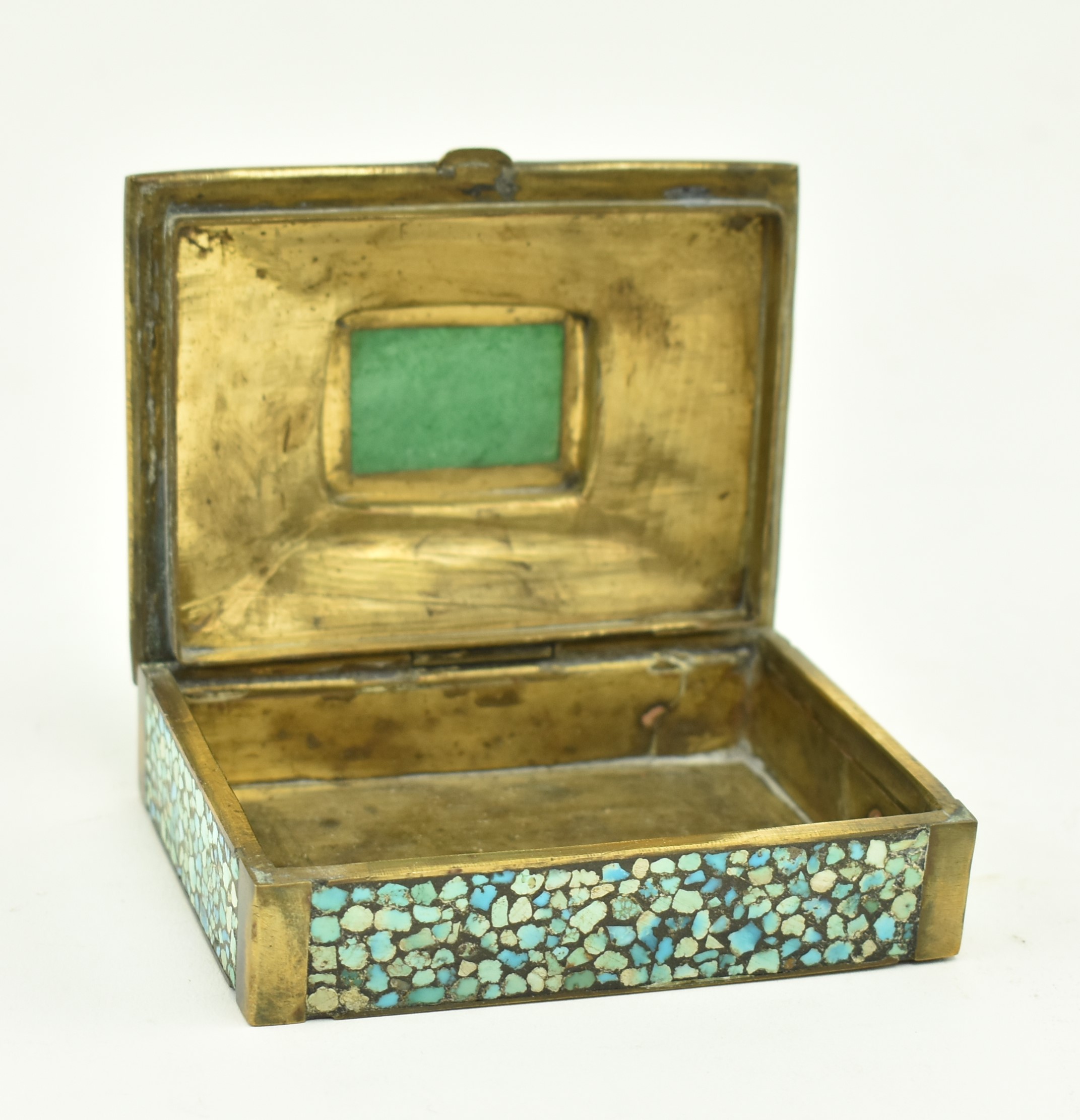 CHINESE LATE 19TH CENTURY BRASS & TURQUOISE INSET TRINKET BOX - Image 3 of 5