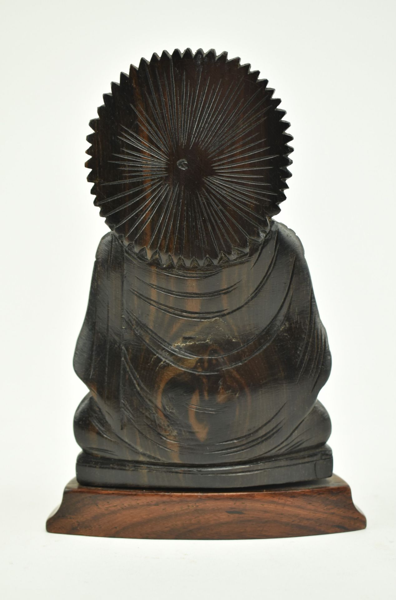 WOODEN CARVED FIGURINE OF A SEATED BUDDHA ON A PLINTH - Image 4 of 6