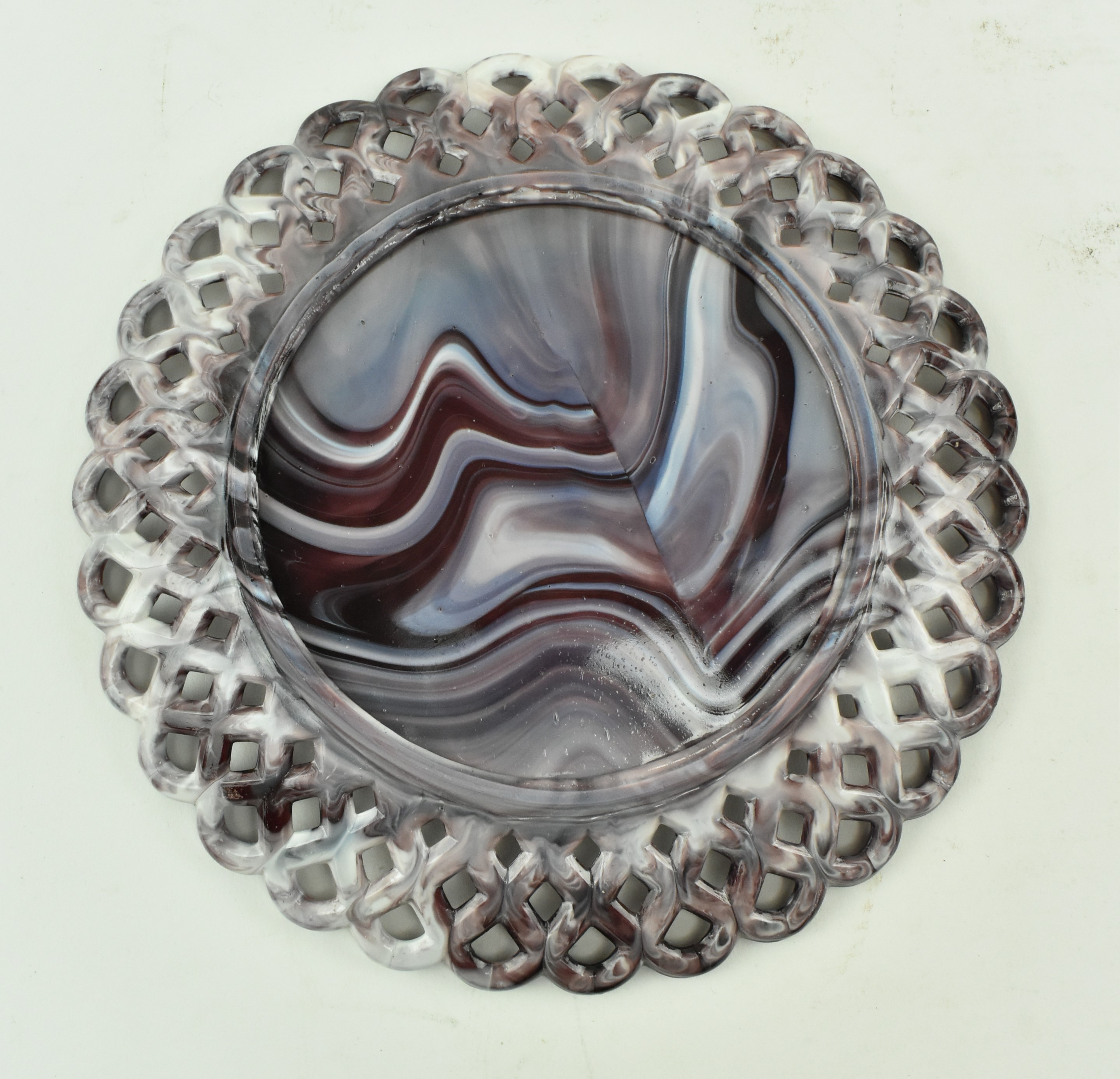 FOUR SOWERBY STYLE OPALINE & MARBLED PRESSED GLASS PLATES - Image 9 of 10