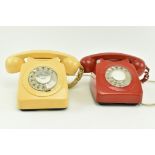 TWO VINTAGE G. P. O. ROTARY DIAL TELEPHONES, ONE RED ONE CREAM