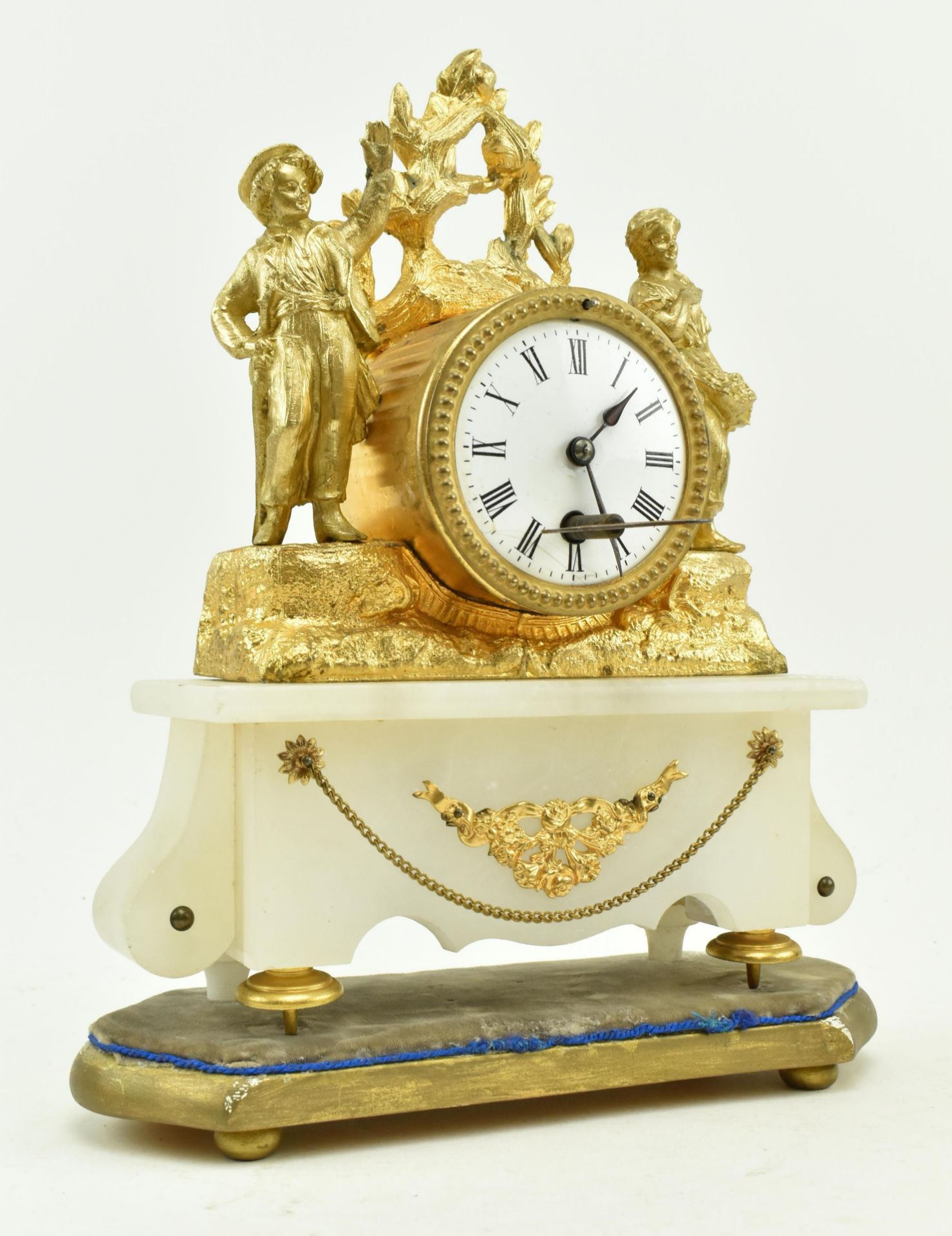 CONTINENTAL GILT METAL & ALABASTER MANTLE CLOCK