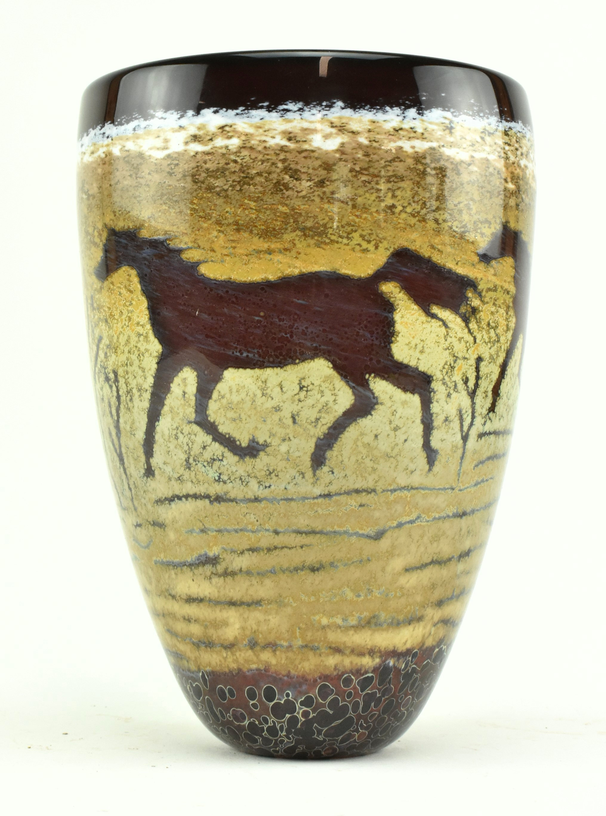 VINTAGE SIGNED STUDIO ART GLASS VASE WITH HORSE DESIGN