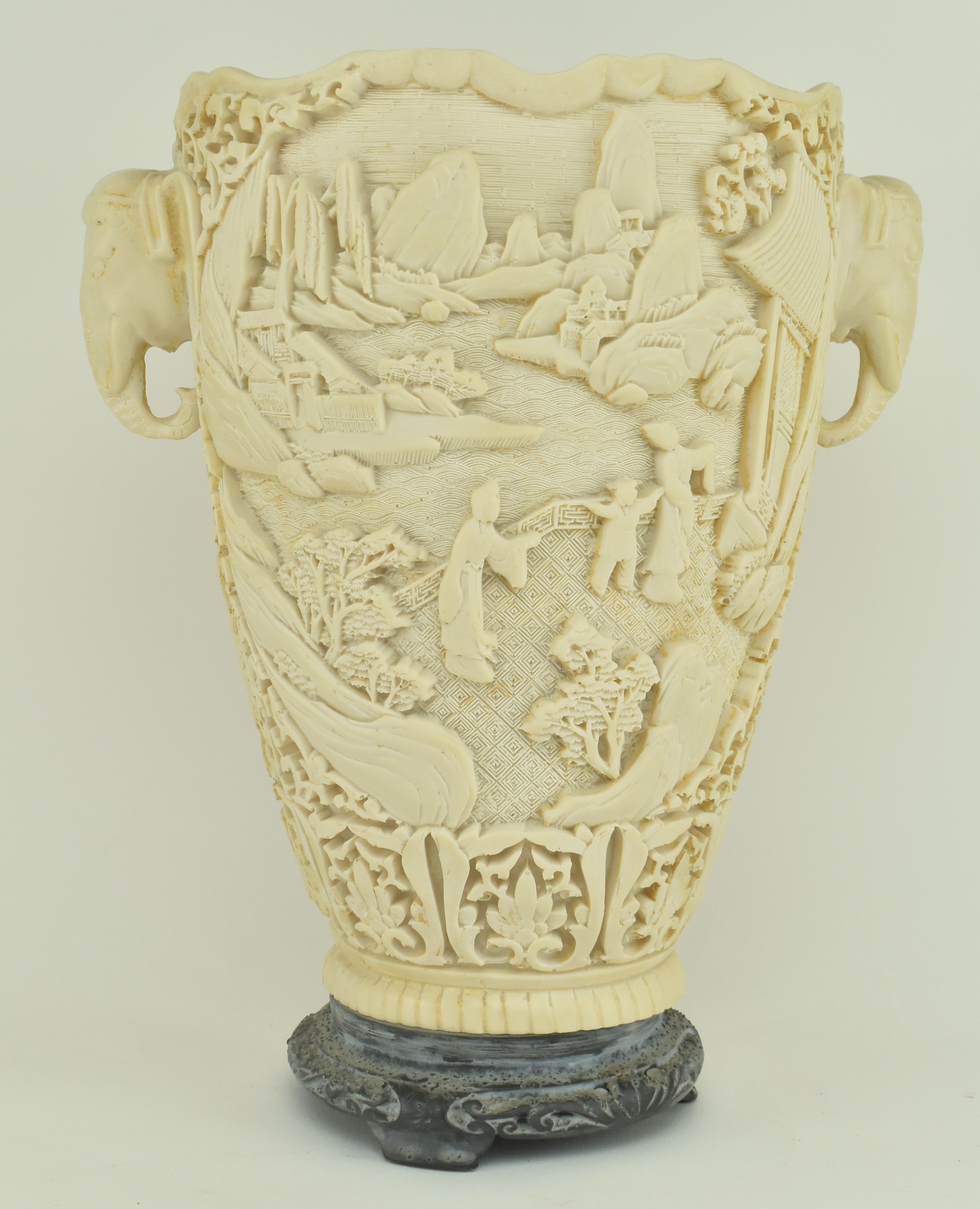 20TH CENTURY CHINESE RESIN CARVED VASE WITH ELEPHANT HANDLES - Image 2 of 7