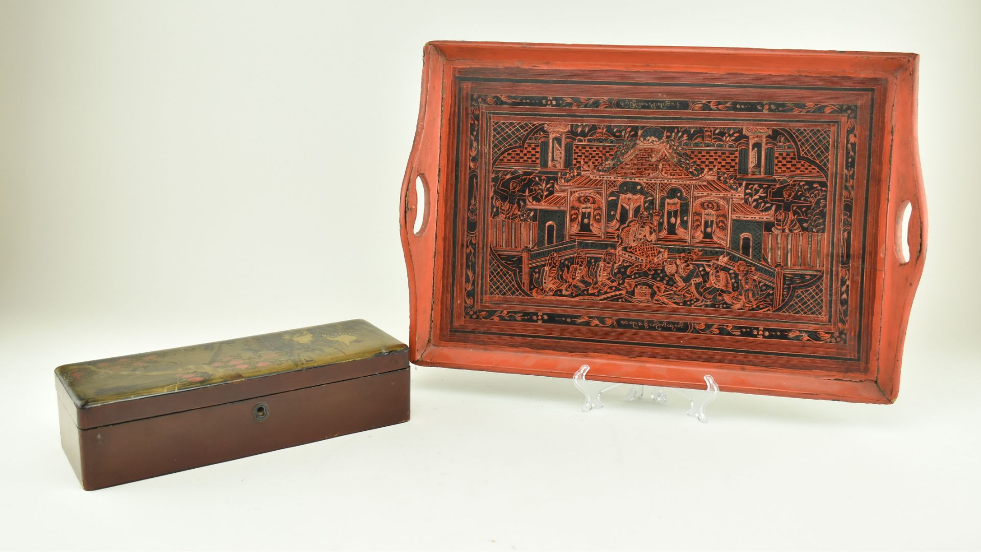 BURMESE RED LACQUERED TRAY & A LACQUER GILT LIDDED BOX - Image 2 of 9