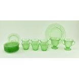 VINTAGE URANIUM GLASS TEA SET, POURING JUG AND SERVING PLATE