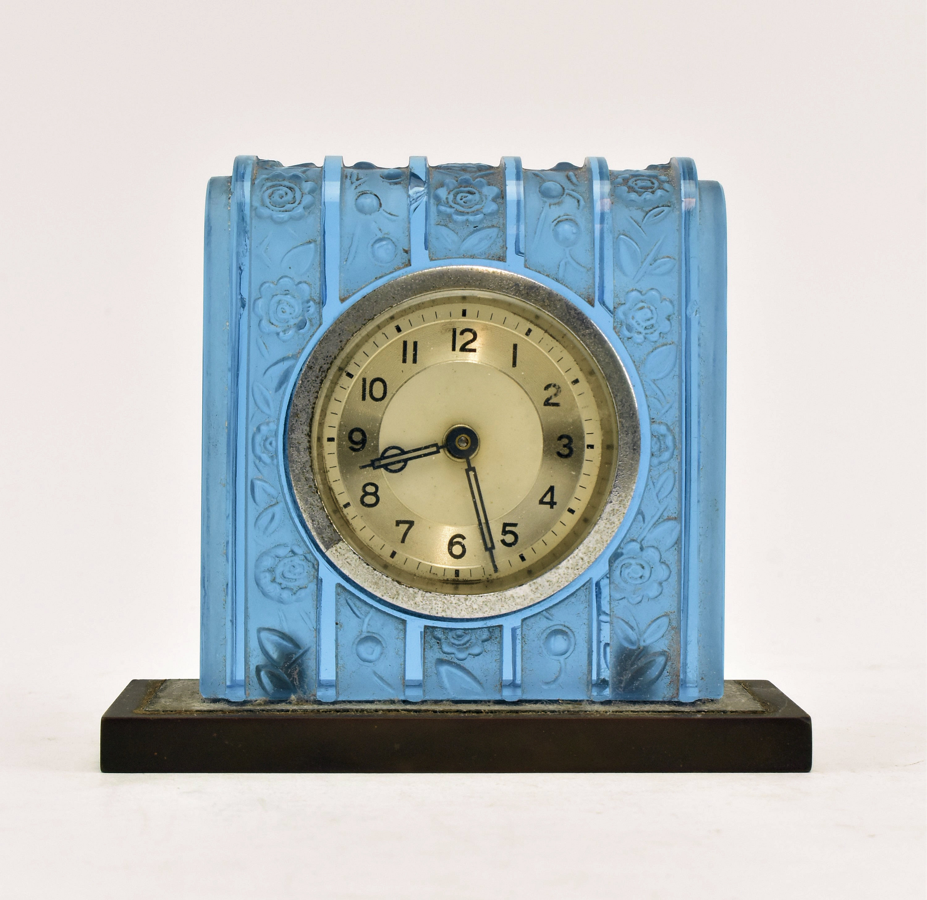 FRENCH ART DECO BLUE FROSTED GLASS BEDSIDE CLOCK