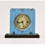 FRENCH ART DECO BLUE FROSTED GLASS BEDSIDE CLOCK